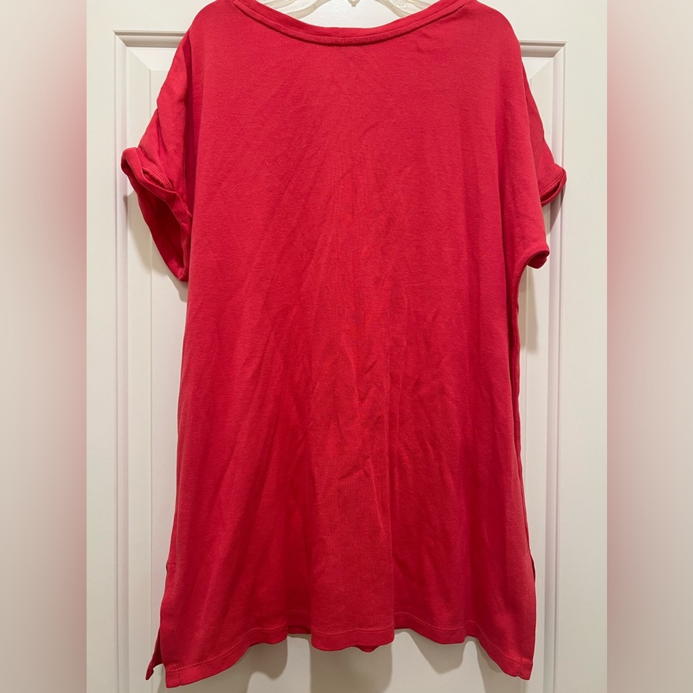 Chico’s women’s (2) Large short cuffed sleeve coral ball chain Pima Tunic - Picture 2 of 6